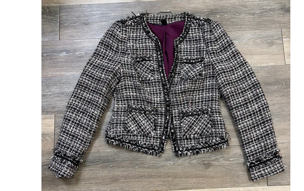 White House Black Market Tweed Jacket Fringe Trim Blazer Women 8